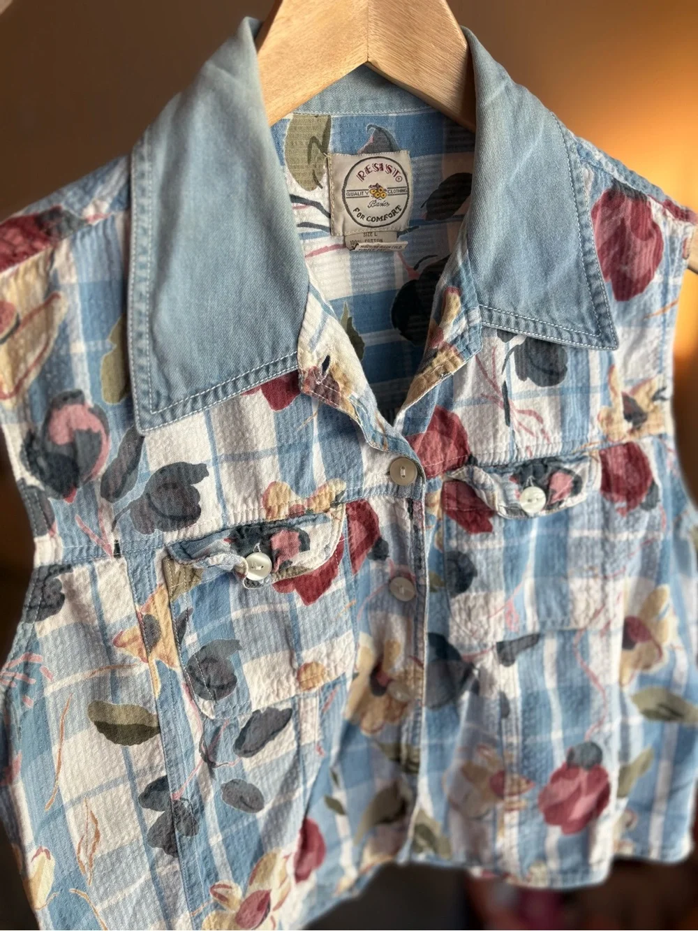 Vintage 90s Cropped Gingham Floral Patchwork Vest Retro Denim Women’s L - Picture 6 of 8